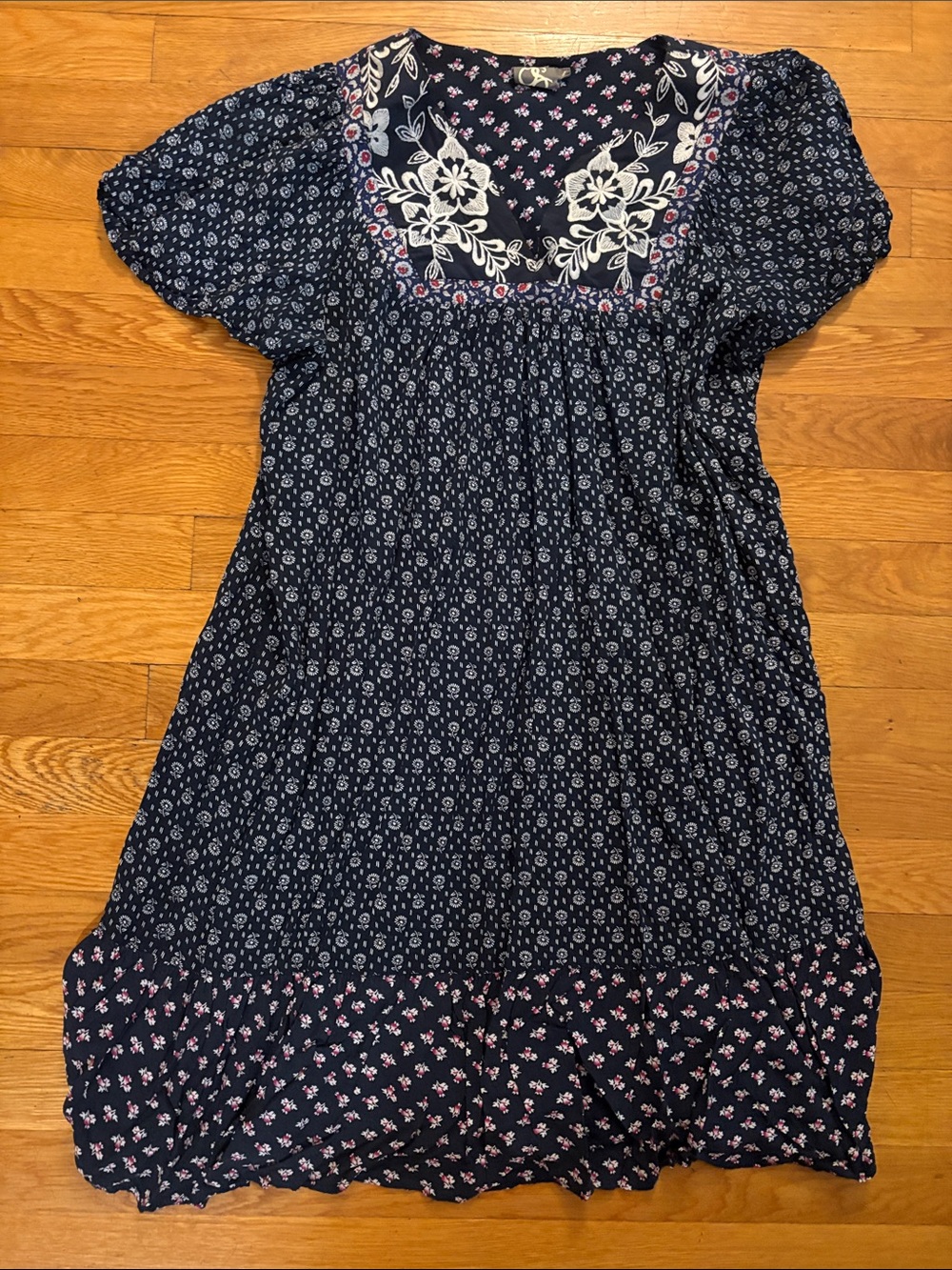 Navy Floral Embroidered Boho Dress